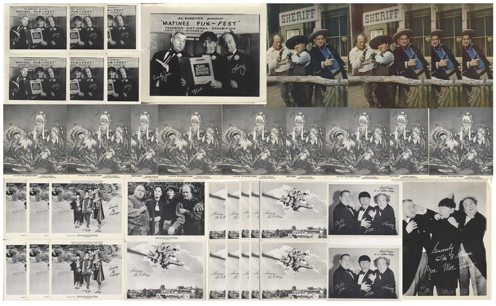 Moe Howard's Lot of 68 Promotional Photos of the Three Stooges With Curly Joe, Most With Facsimile Signatures -- Most Measure 10'' x 8'', Some 7'' x 5.25'' -- Very Good to Near Fine